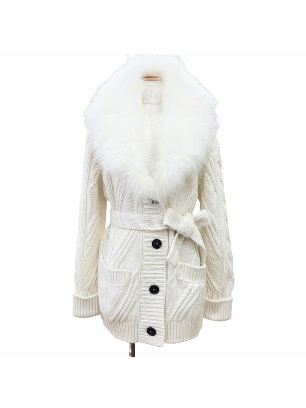 Prada Cashmere Lambfa with Belt Cable Knit Coat Ivory 36
